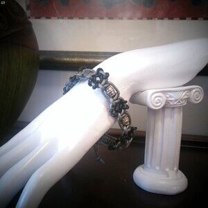 MACRAME LARKS HEAD Gray & Black Leather Bracelet with Silver Beads Size 8"